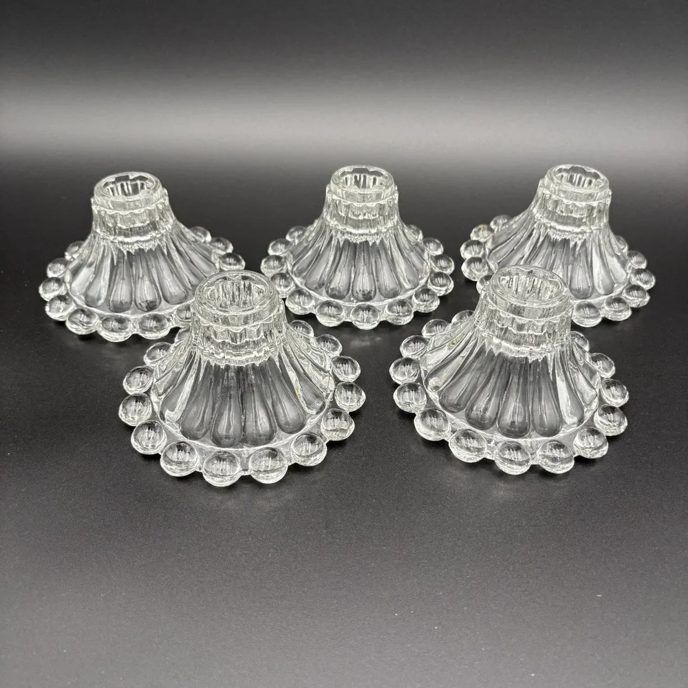 Anchor Hocking Berwick Boopie Clear Candlesticks Set Of  5 Beaded‎ Glass MCM